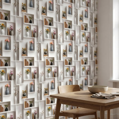 Kitaplık ve Vazo Desenli Duvar Kağıdı Krem Salon