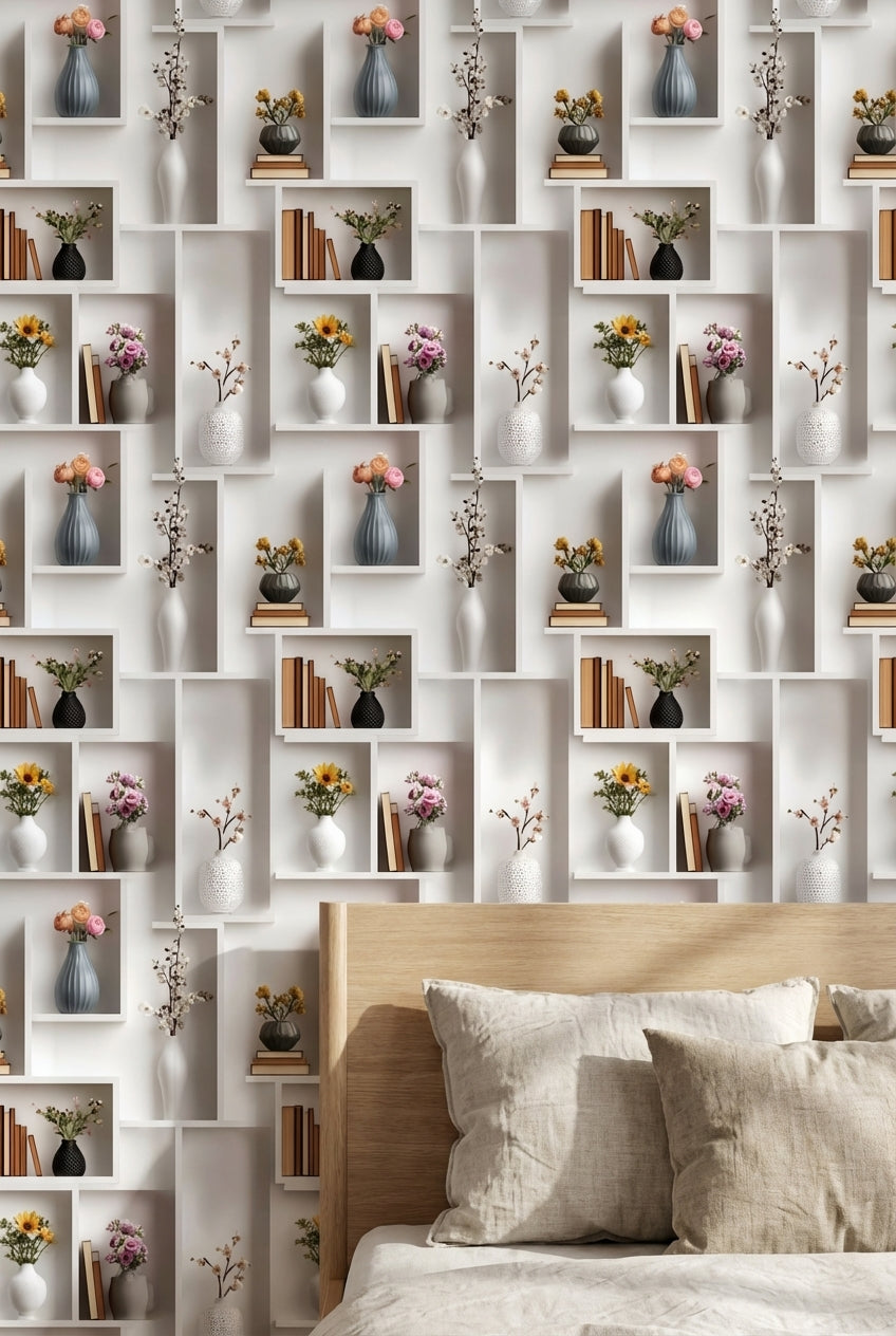 Kitaplık ve Vazo Desenli Duvar Kağıdı Krem Salon