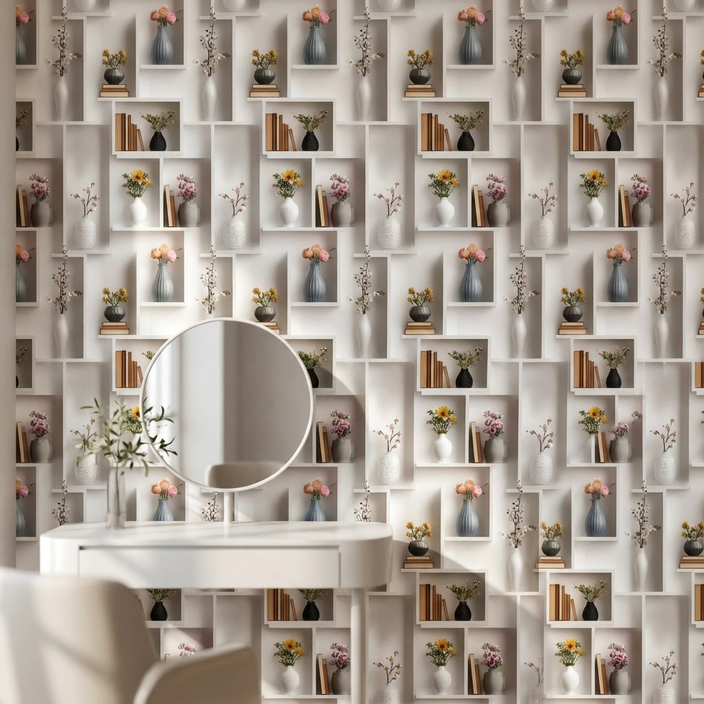 Kitaplık ve Vazo Desenli Duvar Kağıdı Krem Salon