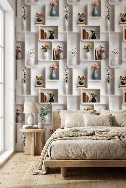 Kitaplık ve Vazo Desenli Duvar Kağıdı Krem Salon
