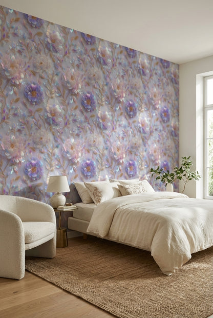 Mor Çiçek Desenli Duvar Kağıdı Işıltılı Salon Dekoru