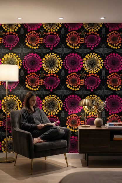 Renkli Mandala Duvar Kağıdı Siyah Zemin Modern Desenli