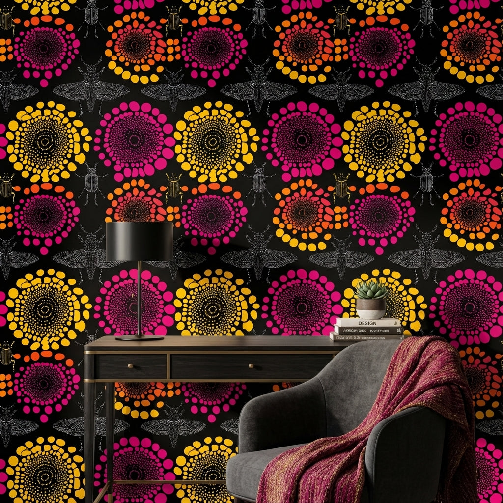 Renkli Mandala Duvar Kağıdı Siyah Zemin Modern Desenli