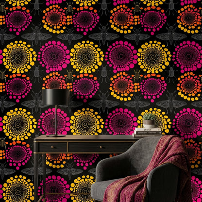 Renkli Mandala Duvar Kağıdı Siyah Zemin Modern Desenli