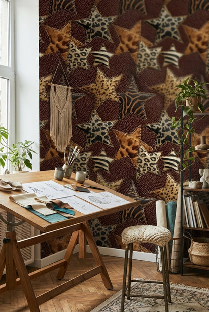 Leopar Zebra Desenli Duvar Kağıdı Kahverengi Modern Salon
