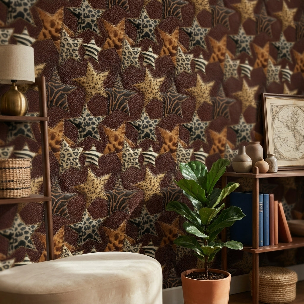 Leopar Zebra Desenli Duvar Kağıdı Kahverengi Modern Salon