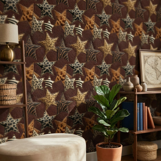 Leopar Zebra Desenli Duvar Kağıdı Kahverengi Modern Salon