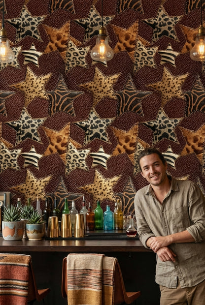 Leopar Zebra Desenli Duvar Kağıdı Kahverengi Modern Salon
