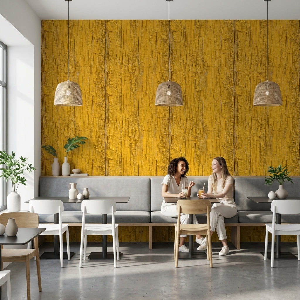Sarı Ahşap Görünümlü Duvar Kağıdı Rustik Panel Desenli