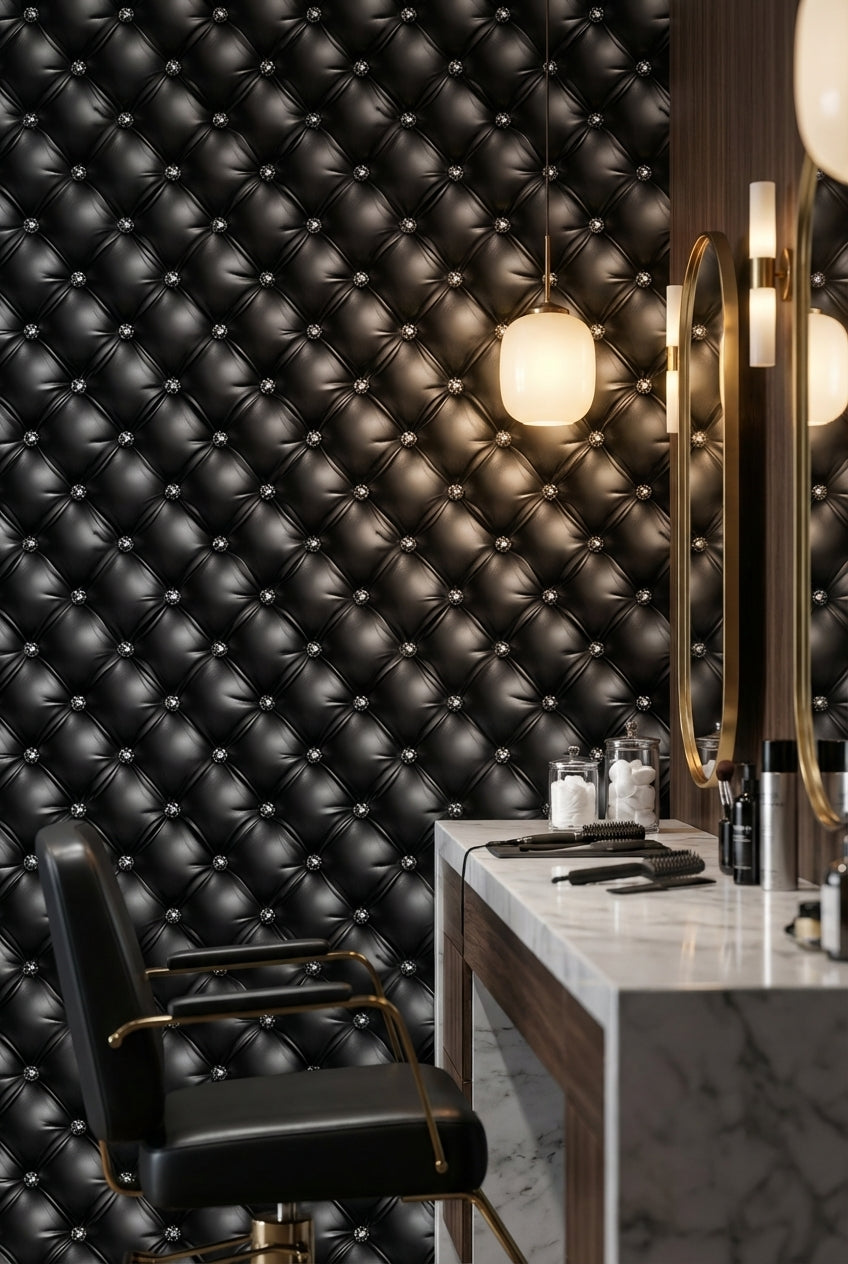 Kapitoneli Deri Görünümlü Duvar Kağıdı Siyah Salon Desenli
