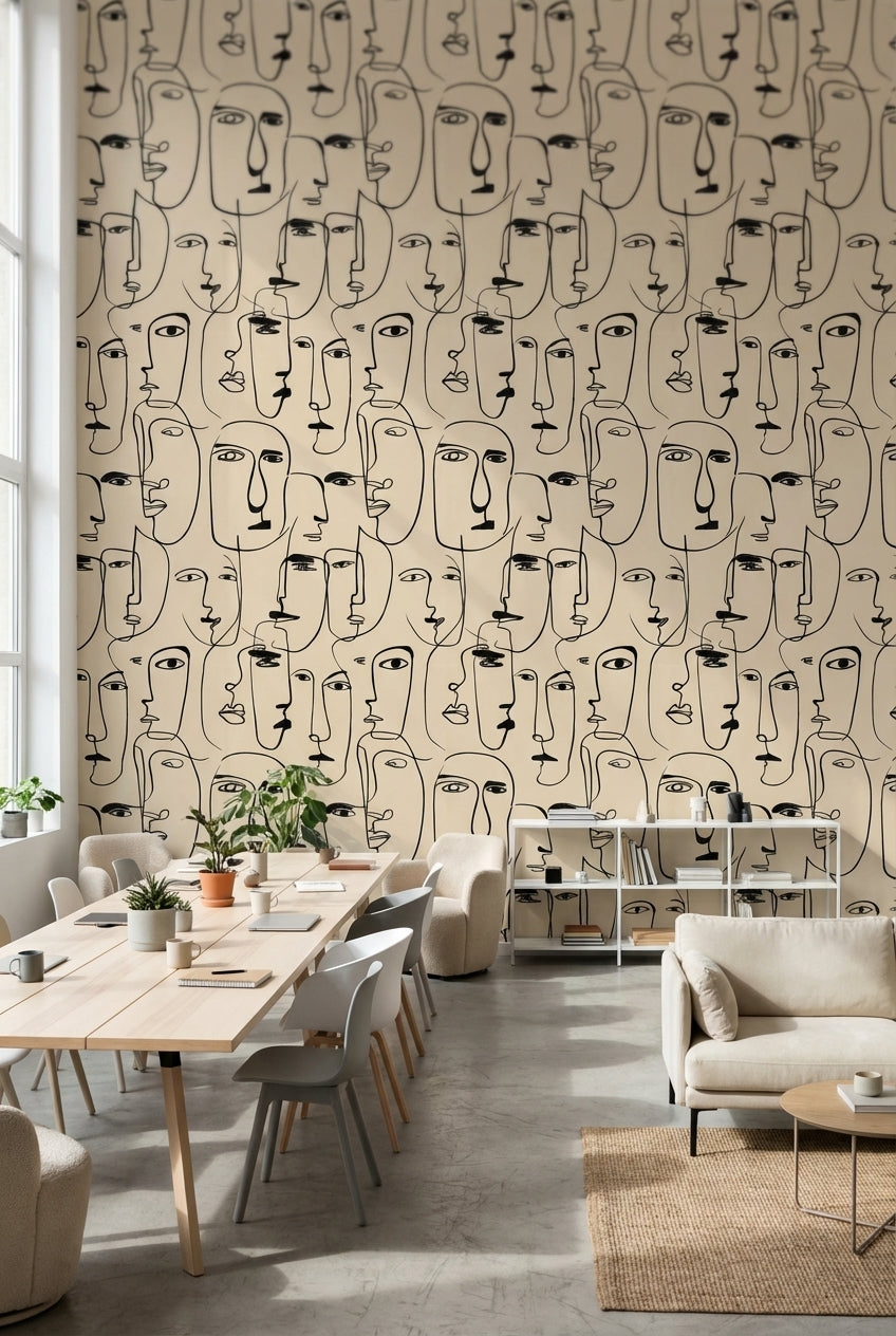 Soyut Yüz Çizimli Duvar Kağıdı Bej Siyah Modern Salon