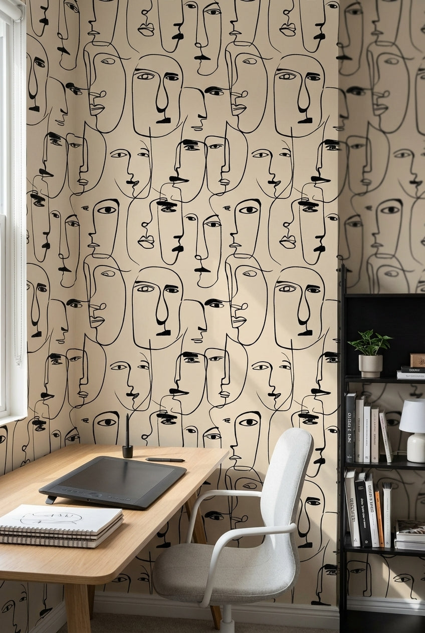 Soyut Yüz Çizimli Duvar Kağıdı Bej Siyah Modern Salon