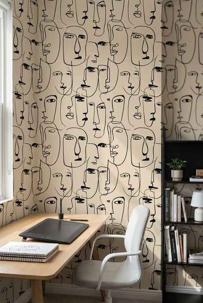 Soyut Yüz Çizimli Duvar Kağıdı Bej Siyah Modern Salon