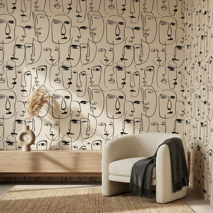 Soyut Yüz Çizimli Duvar Kağıdı Bej Siyah Modern Salon