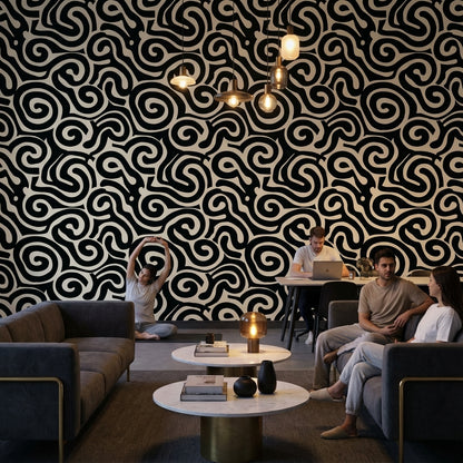 Siyah Beyaz Soyut Kıvrımlı Desenli Duvar Kağıdı Modern
