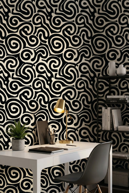 Siyah Beyaz Soyut Kıvrımlı Desenli Duvar Kağıdı Modern