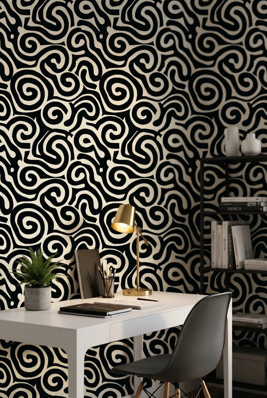 Siyah Beyaz Soyut Kıvrımlı Desenli Duvar Kağıdı Modern