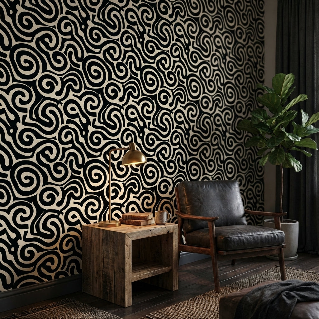 Siyah Beyaz Soyut Kıvrımlı Desenli Duvar Kağıdı Modern