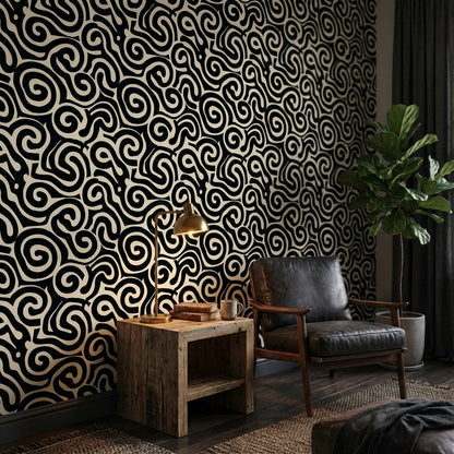 Siyah Beyaz Soyut Kıvrımlı Desenli Duvar Kağıdı Modern