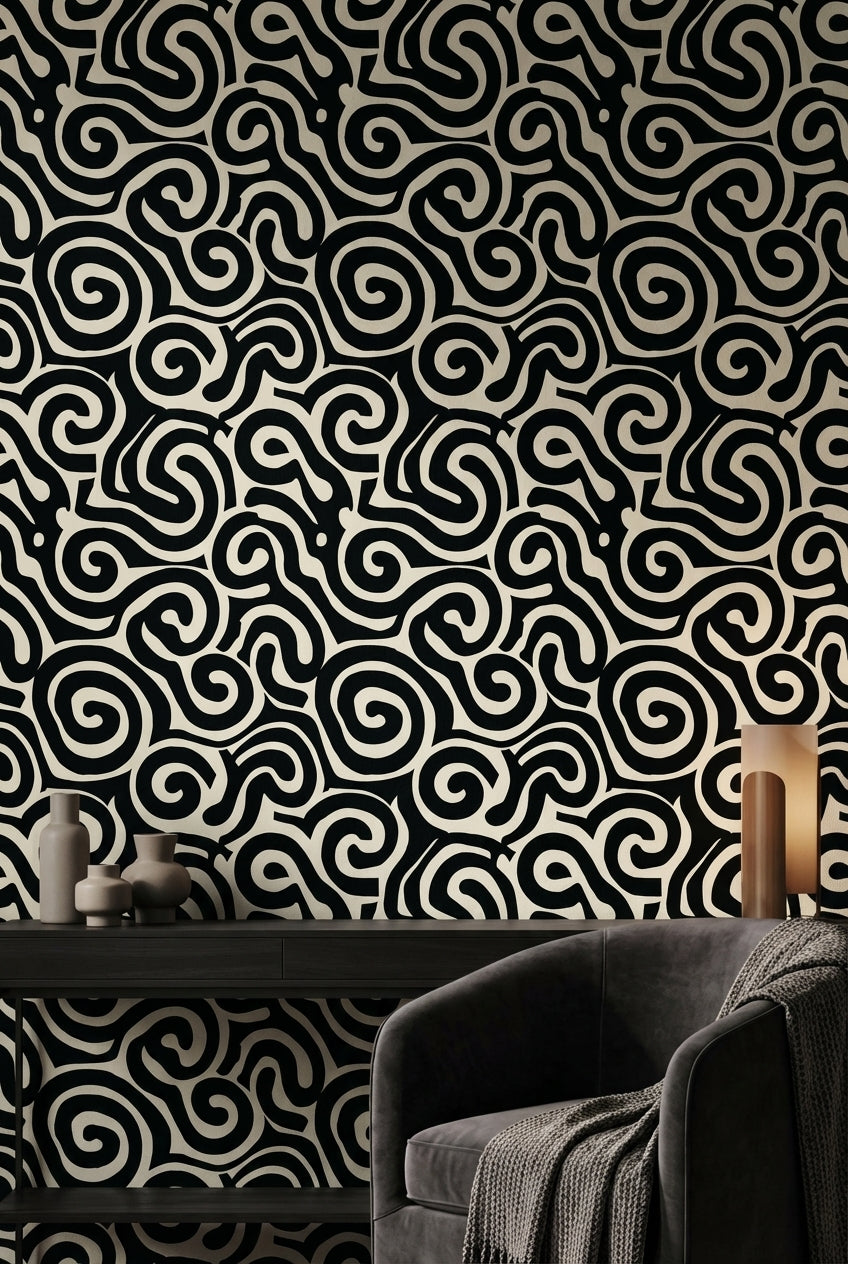 Siyah Beyaz Soyut Kıvrımlı Desenli Duvar Kağıdı Modern
