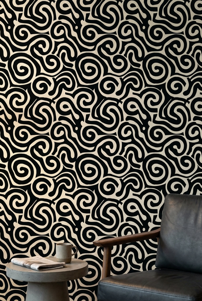 Siyah Beyaz Soyut Kıvrımlı Desenli Duvar Kağıdı Modern