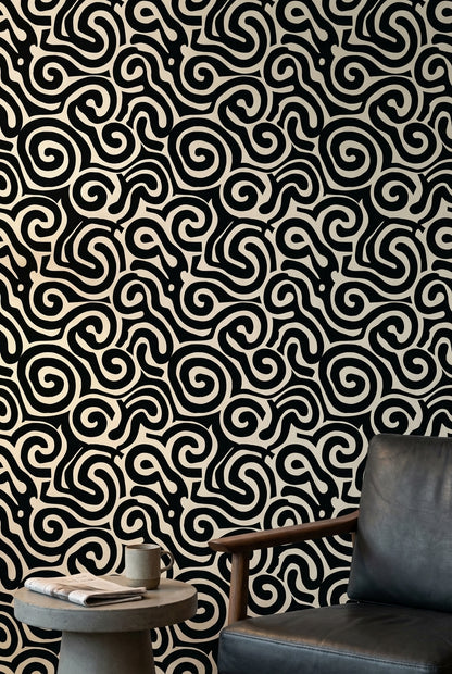 Siyah Beyaz Soyut Kıvrımlı Desenli Duvar Kağıdı Modern