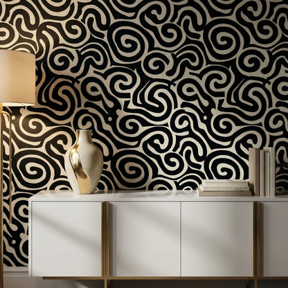 Siyah Beyaz Soyut Kıvrımlı Desenli Duvar Kağıdı Modern