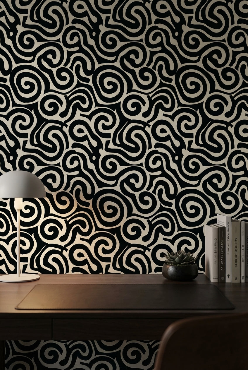 Siyah Beyaz Soyut Kıvrımlı Desenli Duvar Kağıdı Modern