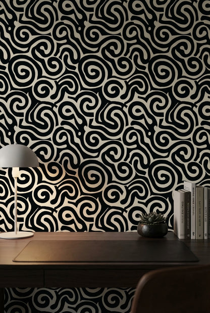 Siyah Beyaz Soyut Kıvrımlı Desenli Duvar Kağıdı Modern