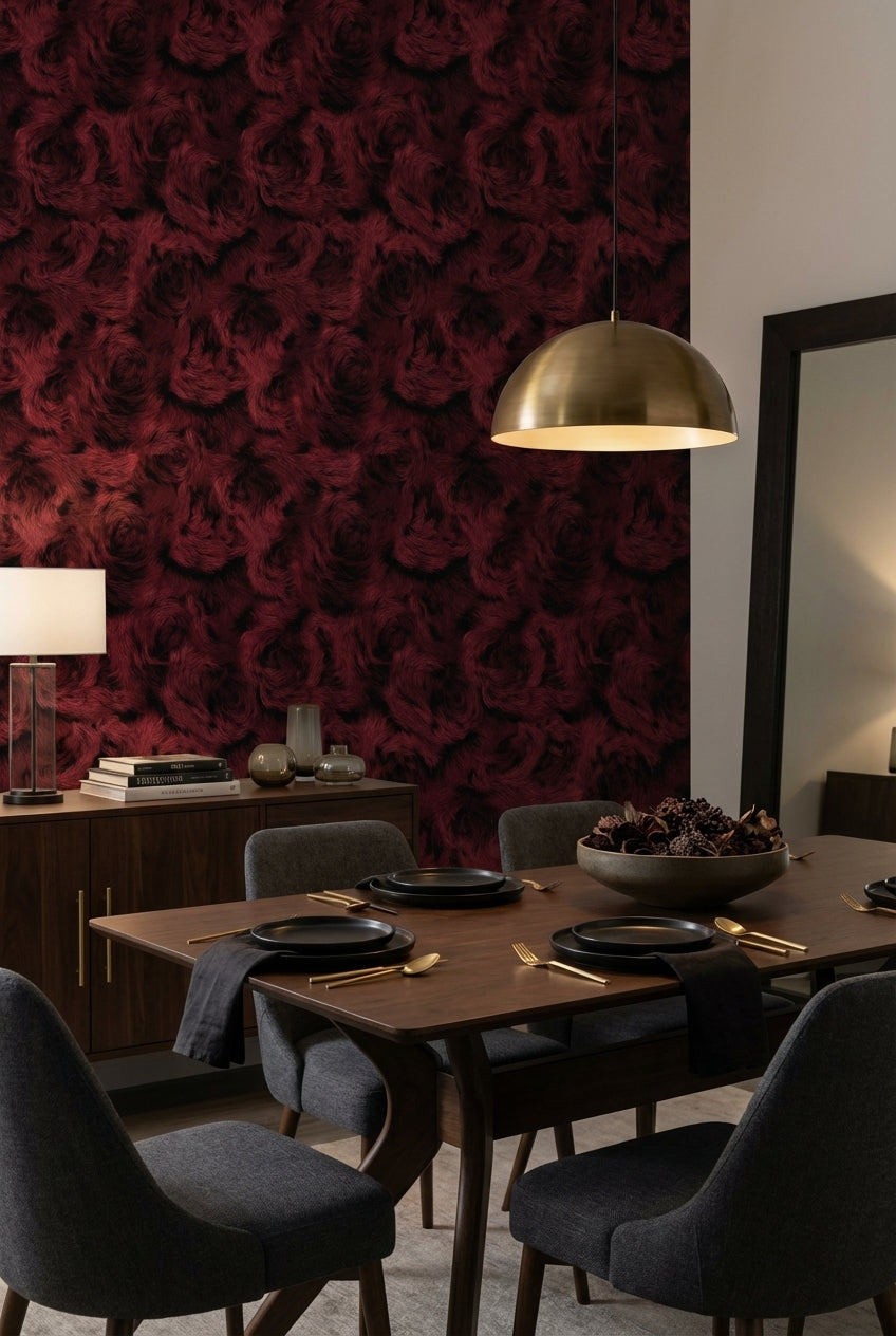 Bordo Gül Desenli Duvar Kağıdı Koyu Ton Salon Dekoru