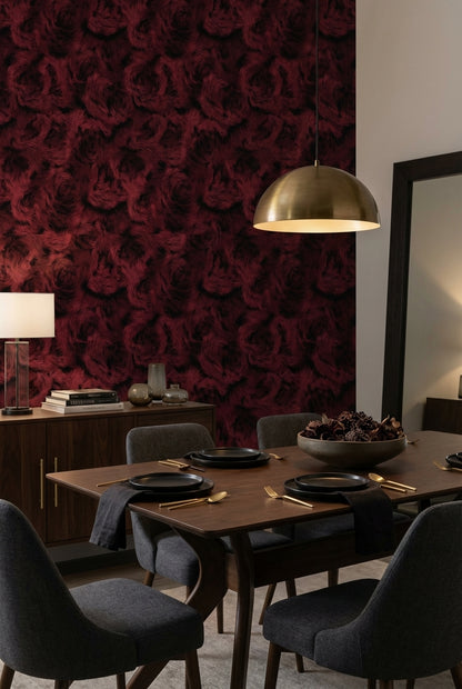Bordo Gül Desenli Duvar Kağıdı Koyu Ton Salon Dekoru