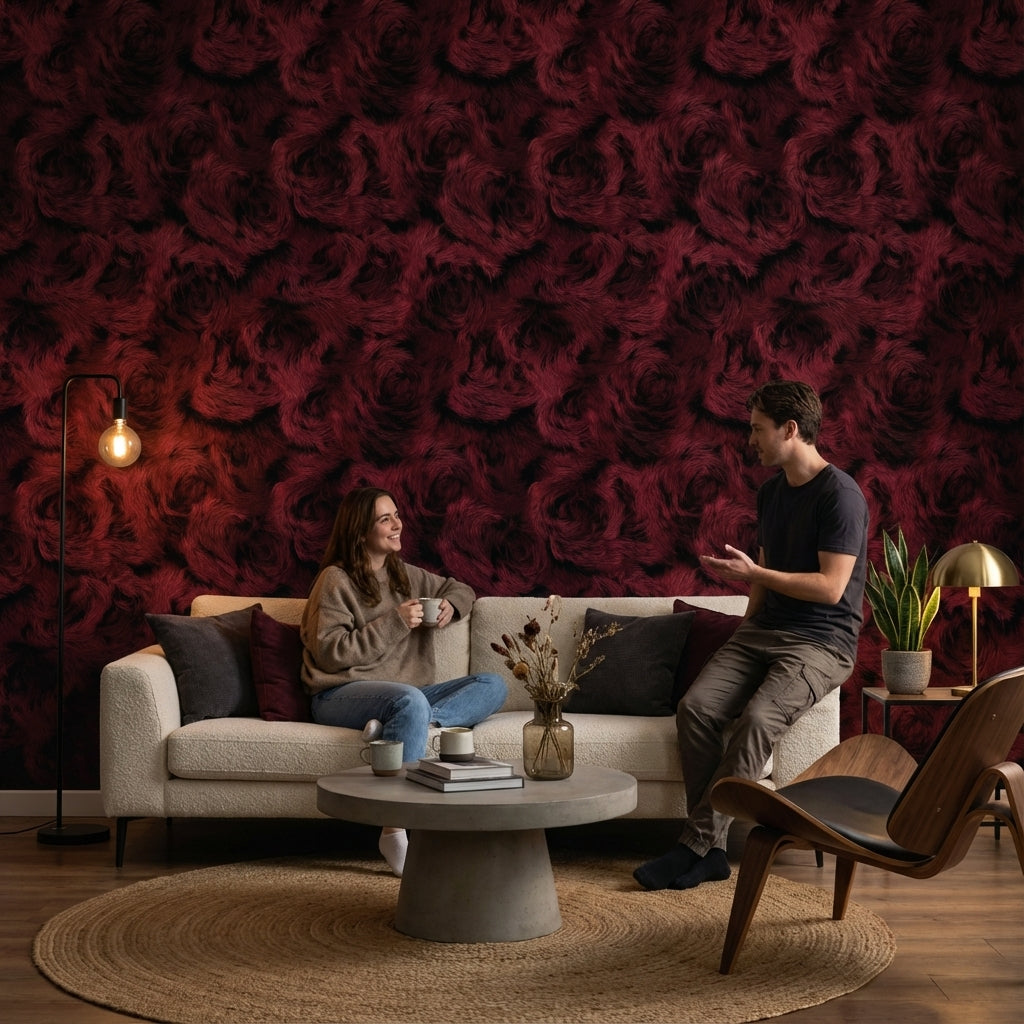 Bordo Gül Desenli Duvar Kağıdı Koyu Ton Salon Dekoru