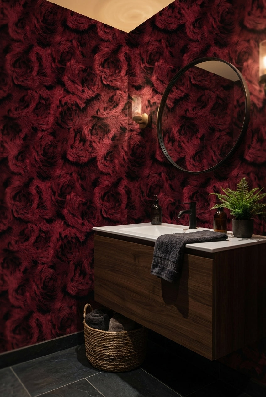 Bordo Gül Desenli Duvar Kağıdı Koyu Ton Salon Dekoru