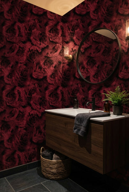 Bordo Gül Desenli Duvar Kağıdı Koyu Ton Salon Dekoru