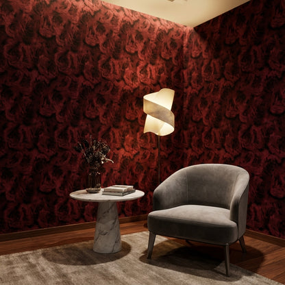 Bordo Gül Desenli Duvar Kağıdı Koyu Ton Salon Dekoru