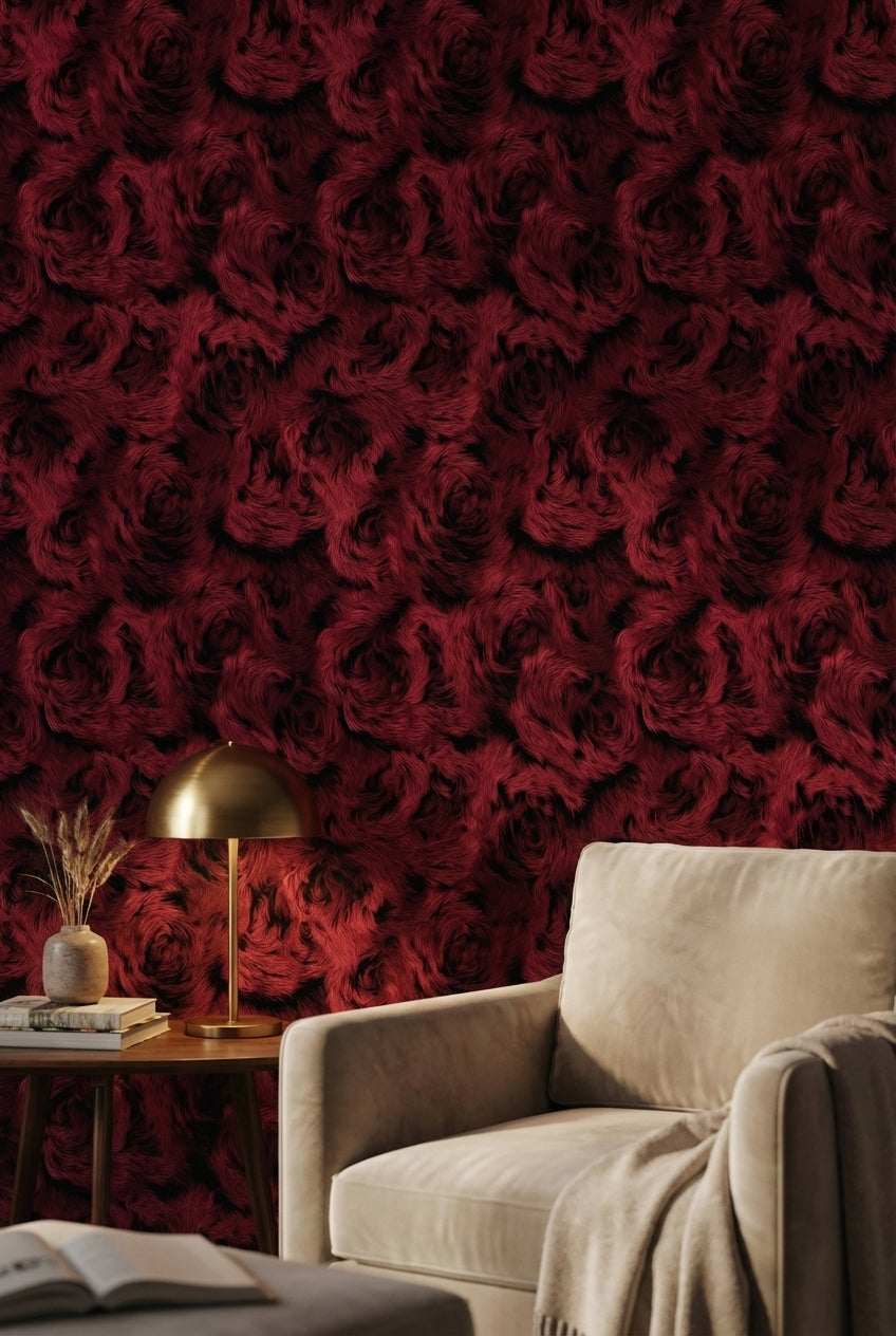 Bordo Gül Desenli Duvar Kağıdı Koyu Ton Salon Dekoru