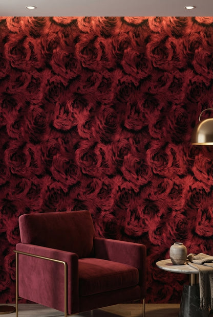Bordo Gül Desenli Duvar Kağıdı Koyu Ton Salon Dekoru