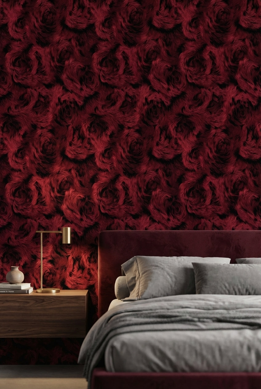 Bordo Gül Desenli Duvar Kağıdı Koyu Ton Salon Dekoru