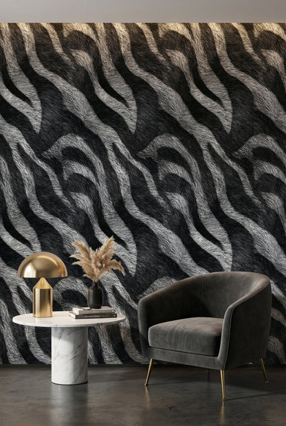 Zebra Desenli Duvar Kağıdı Siyah Beyaz Modern Salon