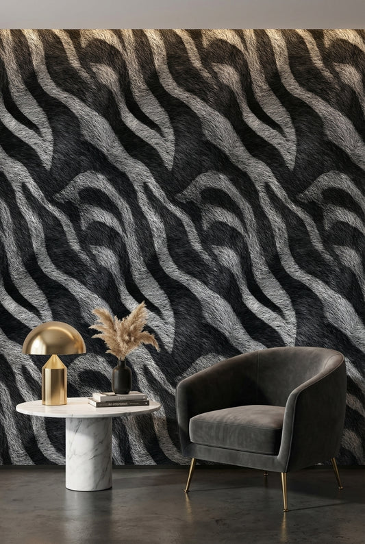 Zebra Desenli Duvar Kağıdı Siyah Beyaz Modern Salon