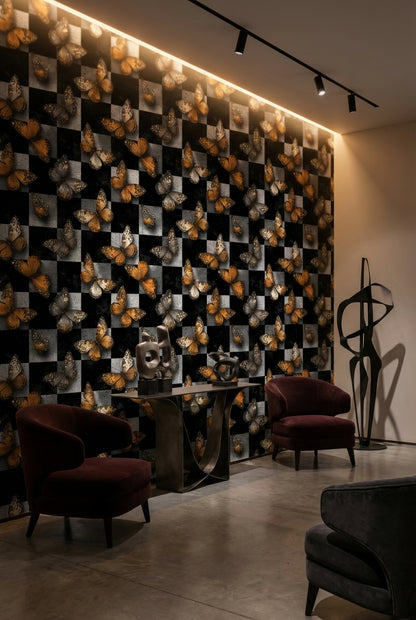 Kelebek Desenli Duvar Kağıdı Siyah Gri Dama Salon