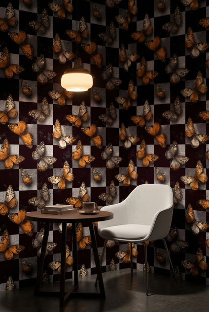 Kelebek Desenli Duvar Kağıdı Siyah Gri Dama Salon