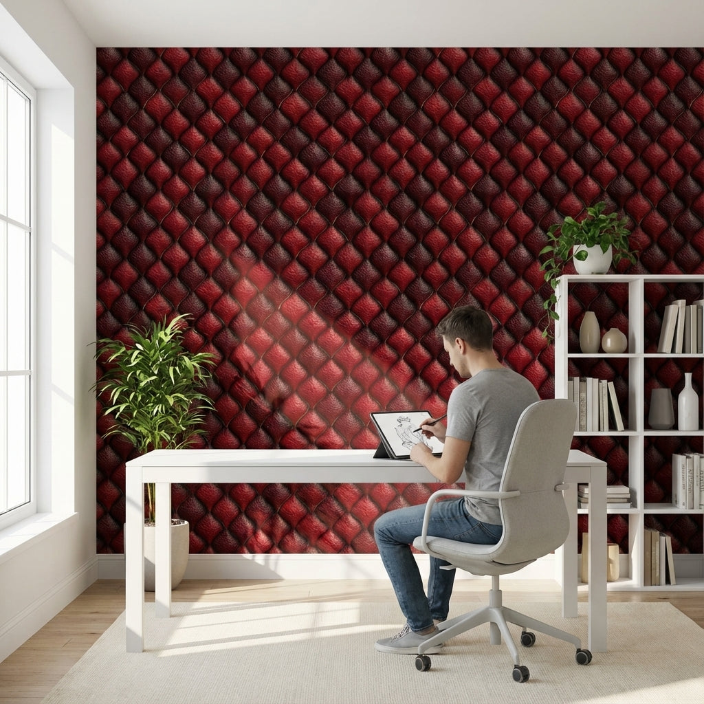 Kırmızı Kapitone Deri Görünümlü Duvar Kağıdı Modern Salon