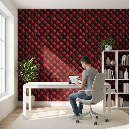 Kırmızı Kapitone Deri Görünümlü Duvar Kağıdı Modern Salon