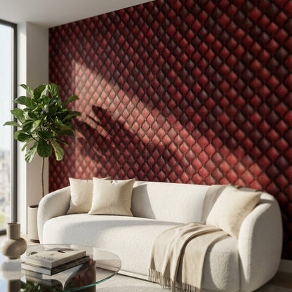 Kırmızı Kapitone Deri Görünümlü Duvar Kağıdı Modern Salon