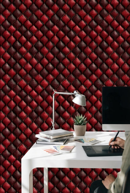 Kırmızı Kapitone Deri Görünümlü Duvar Kağıdı Modern Salon