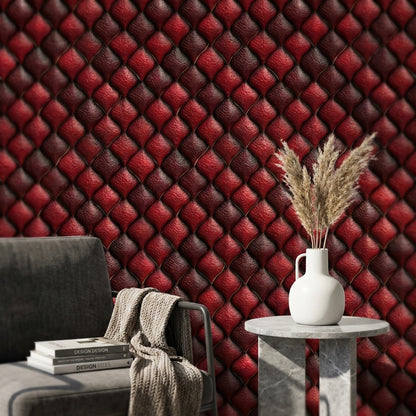 Kırmızı Kapitone Deri Görünümlü Duvar Kağıdı Modern Salon