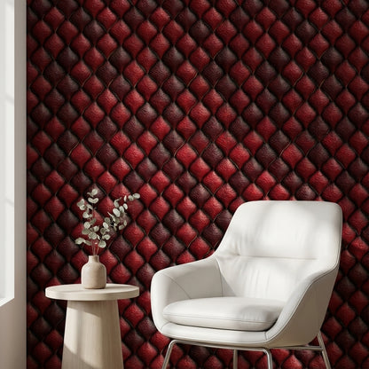 Kırmızı Kapitone Deri Görünümlü Duvar Kağıdı Modern Salon