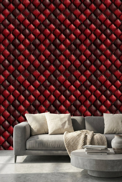 Kırmızı Kapitone Deri Görünümlü Duvar Kağıdı Modern Salon