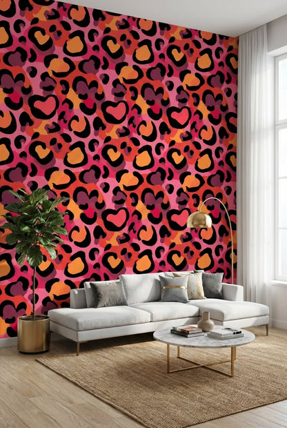 Leopar Desenli Duvar Kağıdı Pembe Turuncu Modern Salon